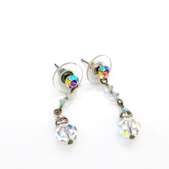 Vintage Rainbow AB Crystal Dangle Drop Earrings, Sparkly Faceted Glass Beads - Picture 2 of 3